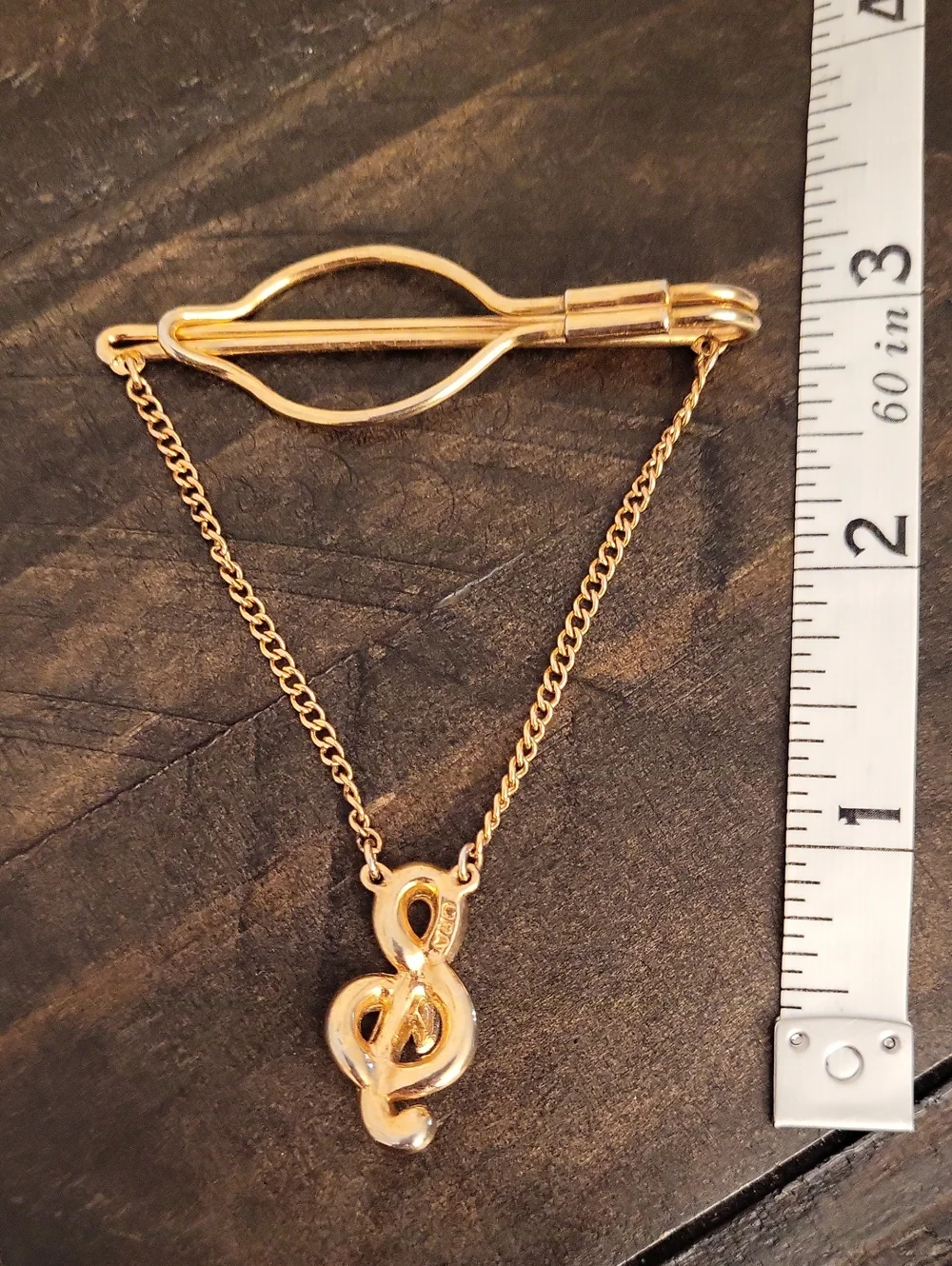 Vintage ORA Agnini Singer Rhinestone Treble Clef Tie Chain Clip Gold Tone